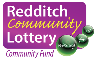 Redditch Community Lottery Logo - White and yellow text on a purple background with three green balls.